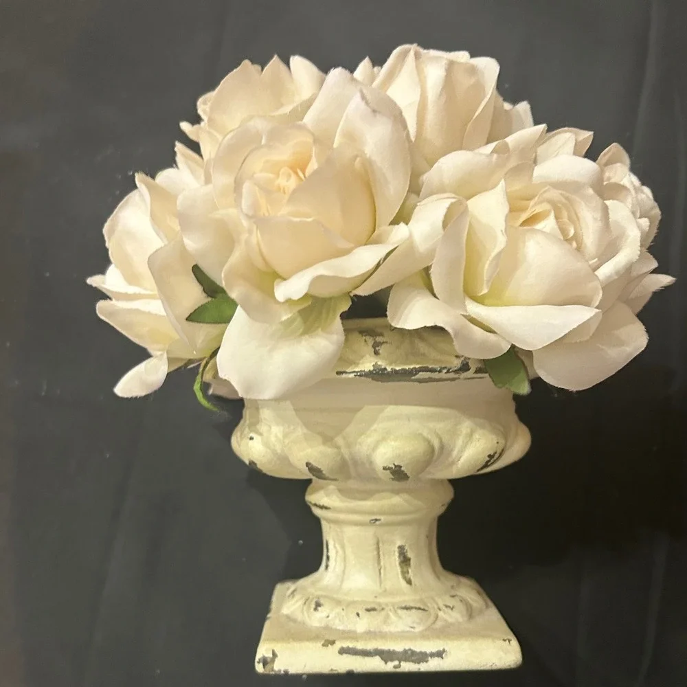Distressed Cream Urn Planter w/White Faux Roses French Country Floral Home Decor